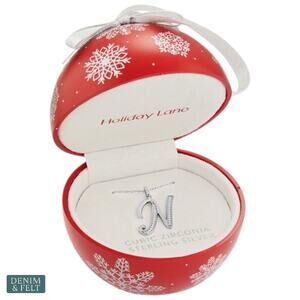 Holiday Lane Sterling Silver Cubic Zirconia Initial N Necklace Ornament Box NEW